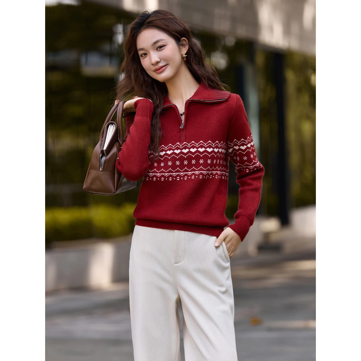 VIMLY Sweater Women's Winter 2025 New Fair Isle Jacquard Lapel Collar Zipper Knitwear Commuting High Elasticity Women Tops 75288