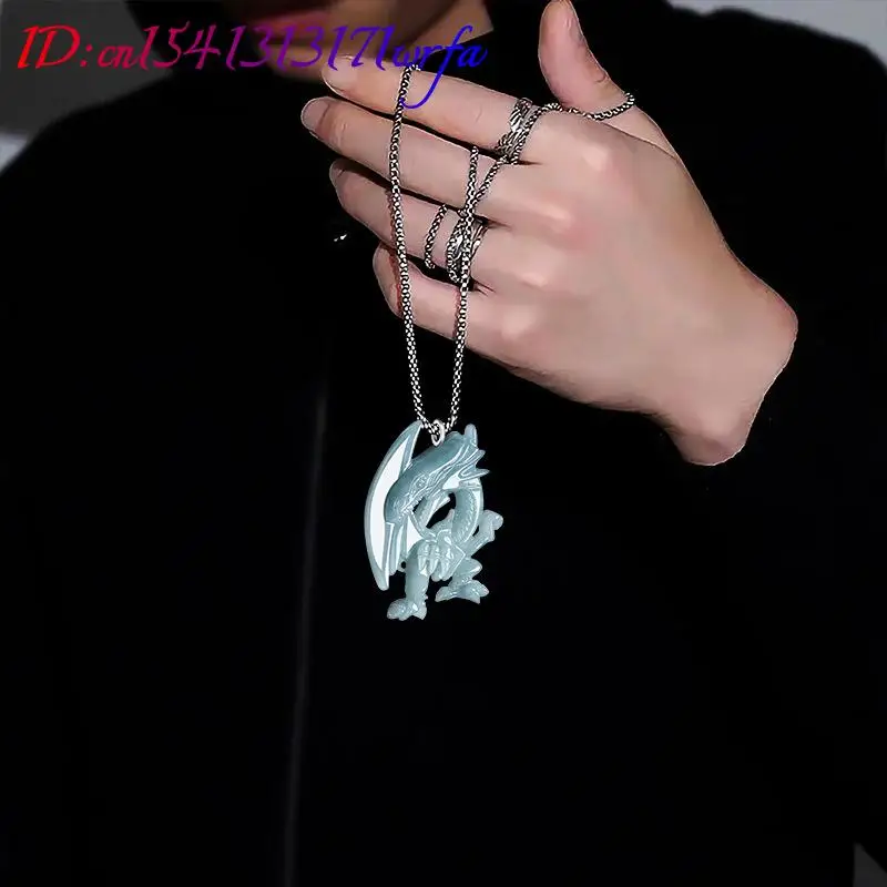 Blue Myanmar Jadeite Dragon Pendant Necklace Burmese Jade Fashion Accessories Luxury Gifts for Women 925 Silver Talismans view 2