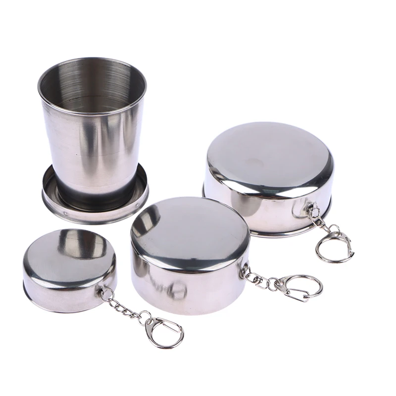 Gelas lipat Kemah, peralatan makan Cup lipat Stainless Steel 75/150/250ml 1 buah cangkir dapat ditarik