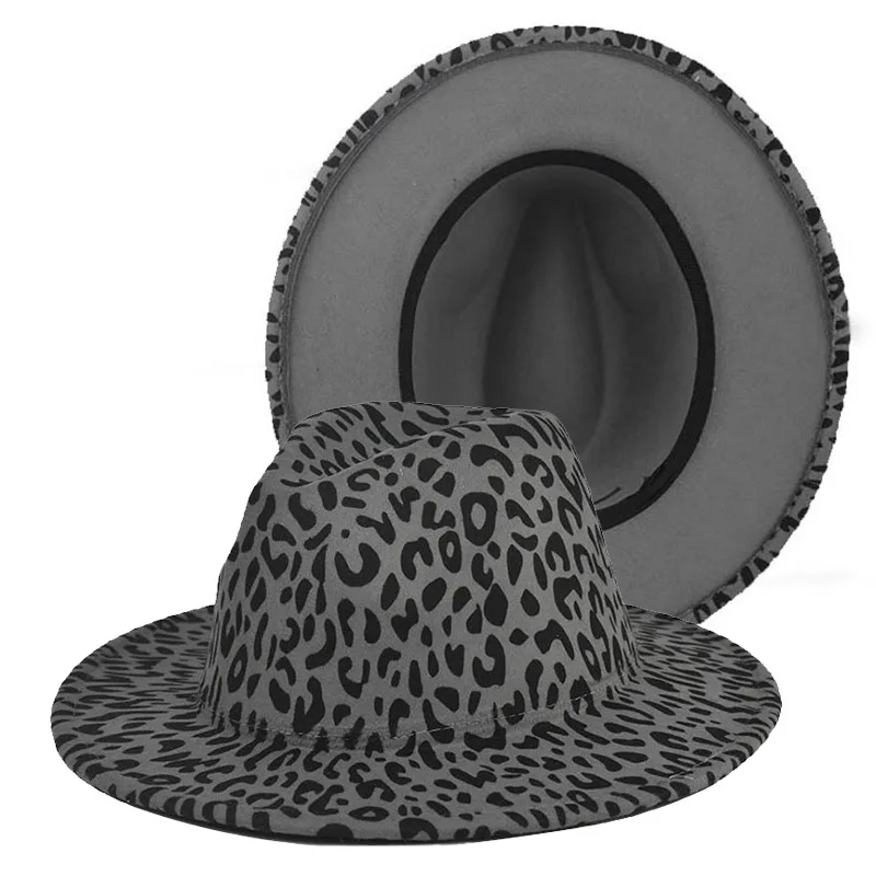 نغمتين ليوبارد طباعة فيدورا قبعة واسعة حافة الصوف ورأى قبعة الجاز مع اللون الداخلي الصلبة للرجال والنساء الشتاء الإكسسوارات