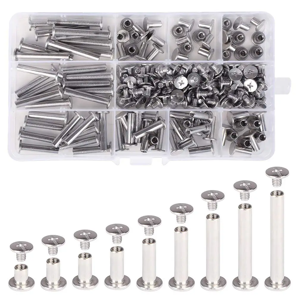 270pcs/set Chicago Binding Screws Assortment Kit Metal Cross Head Stud Rivet for DIY Leather Craft Bookbinding