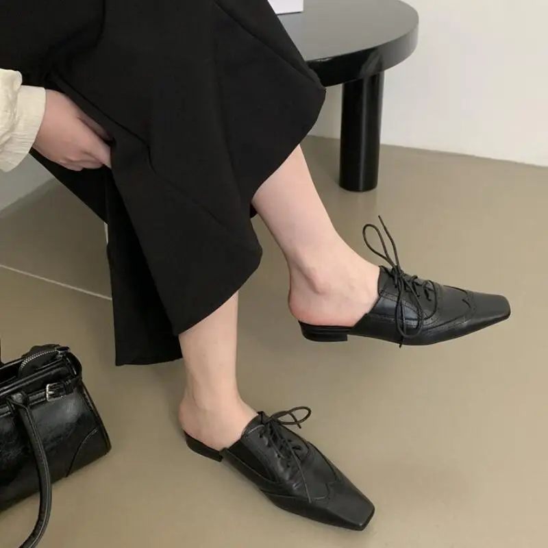 Modne pantofle damskie buty na płaskim obcasie elegancka koronka do góry, nowe wiosenne mokasyny do japonki na co dzień, damskie pantofle