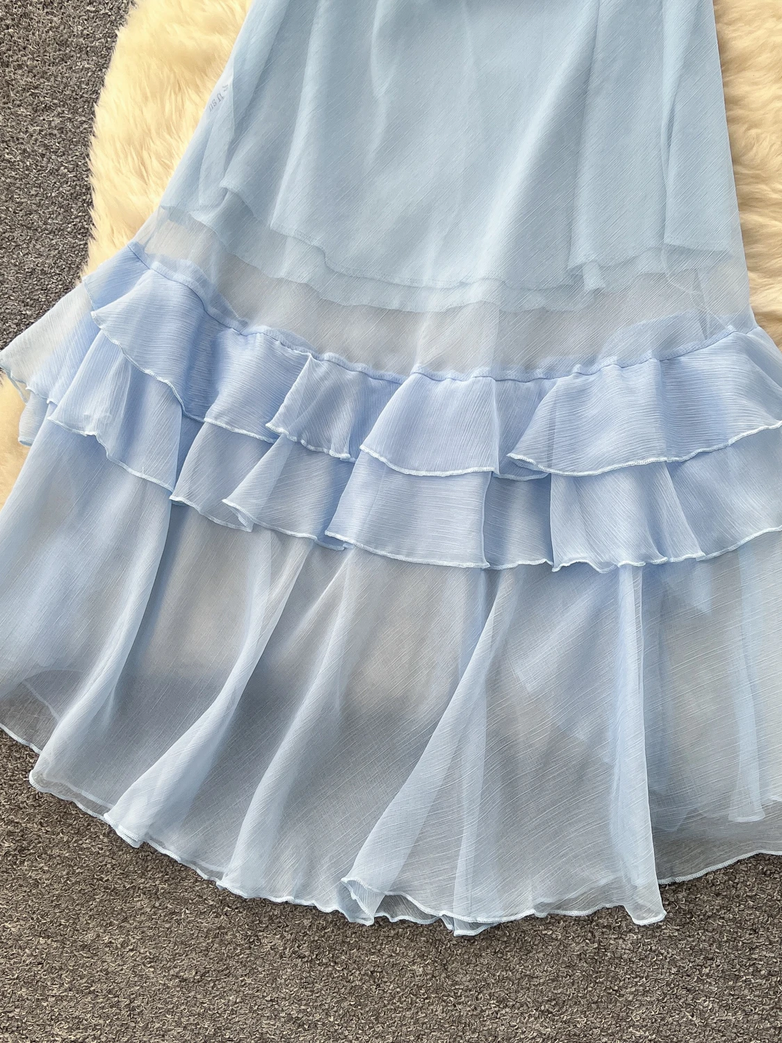 Niebieska Letnia Sensacja Projektancka Damska Sukienka z Odkrytymi Ramionami, Długa Spódnica na Ramiączkach, Wysoki Stan, Krój A-Line, Midi, Styl Koreański