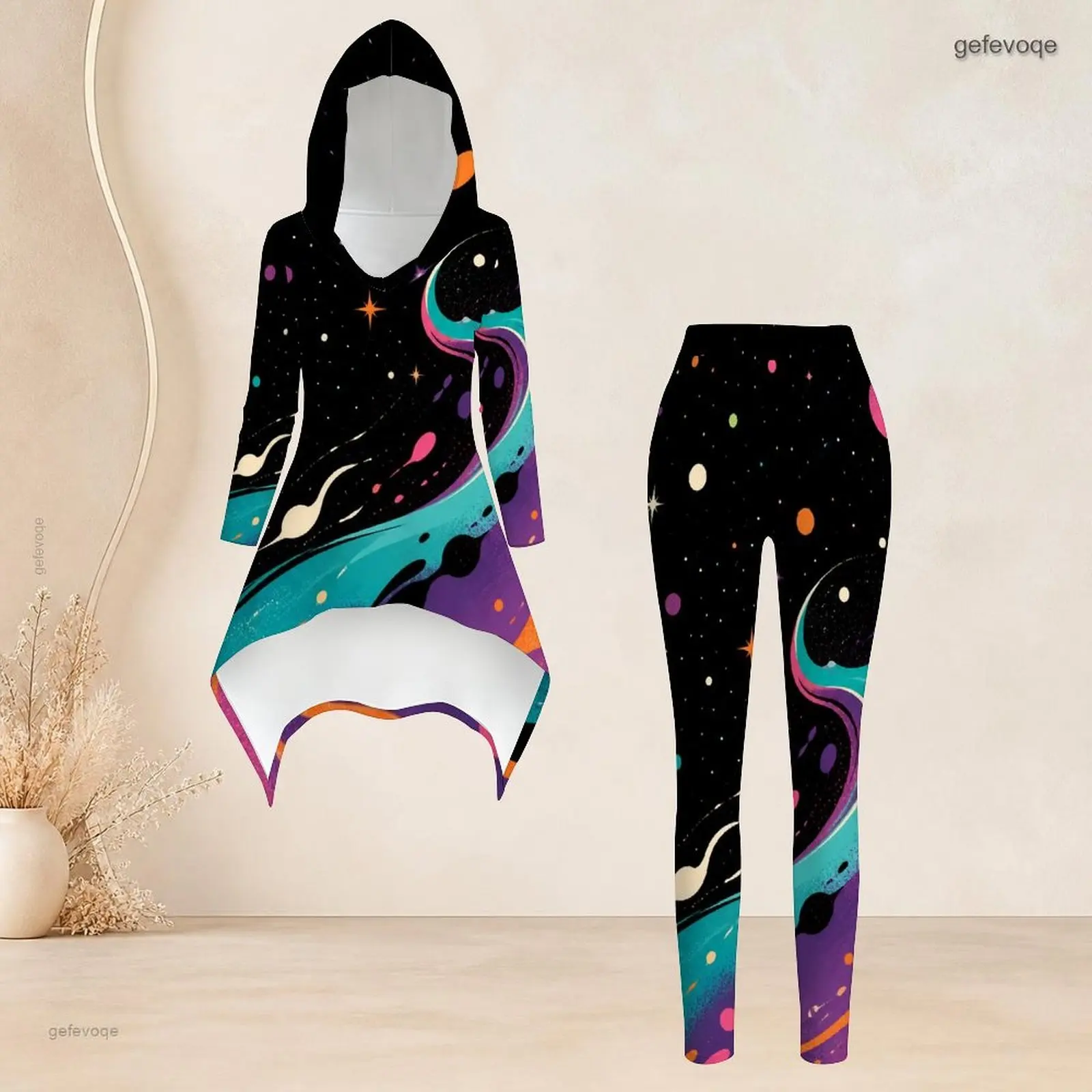 Fashion Women Casual 2 Piece Set Hooded Long Sleeve Hi Lo Asymmetrical Tunic Top Matching High Waist Slim Leggings T Daily Suit - view 3
