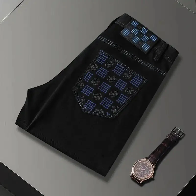 

2026 Summer Flower Season New Men's Thin Black Jeans European Style Luxury Print Slim Fit Straight Leg Fashion Pants