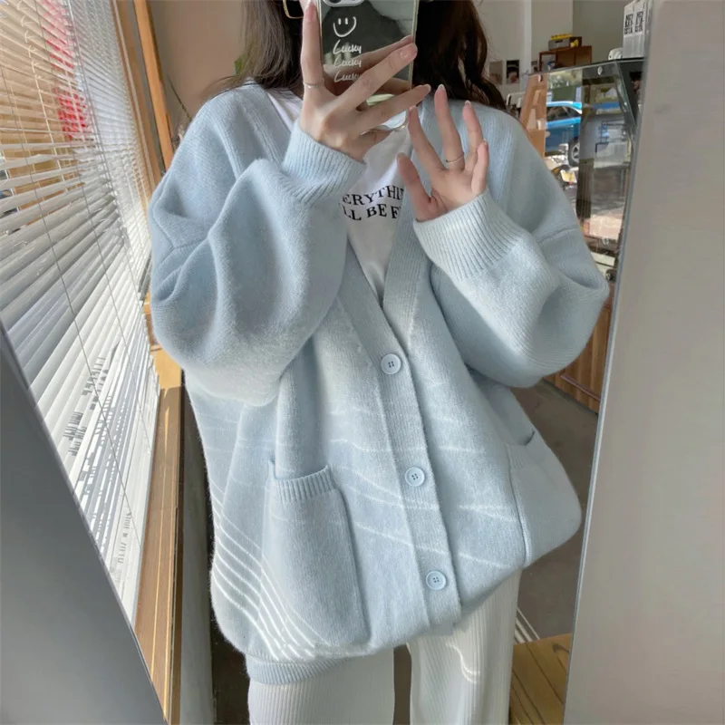 

Women's Korean Lazy Gentle Solid Color V Neck Knit Cardigan Sweater Autumn Winter Simple Knit Cardigan Coat Outwear XK16