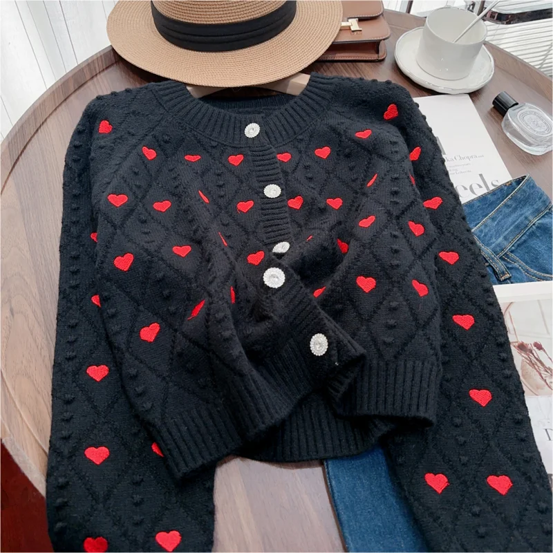 Black Women Clothing Vintage Knitting Sweater Cardigan Jacket Printing White Long Sleeve Casual Fashion Female Winter Tops