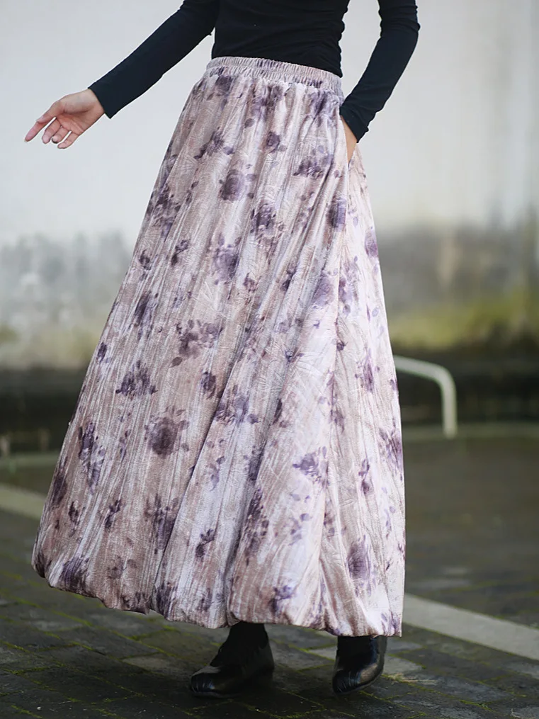 Tiyihailey feminino veludo a linha maxi saia cintura elástica saia de veludo com bolso longo maxi outono inverno lavagem de tinta tie-dye