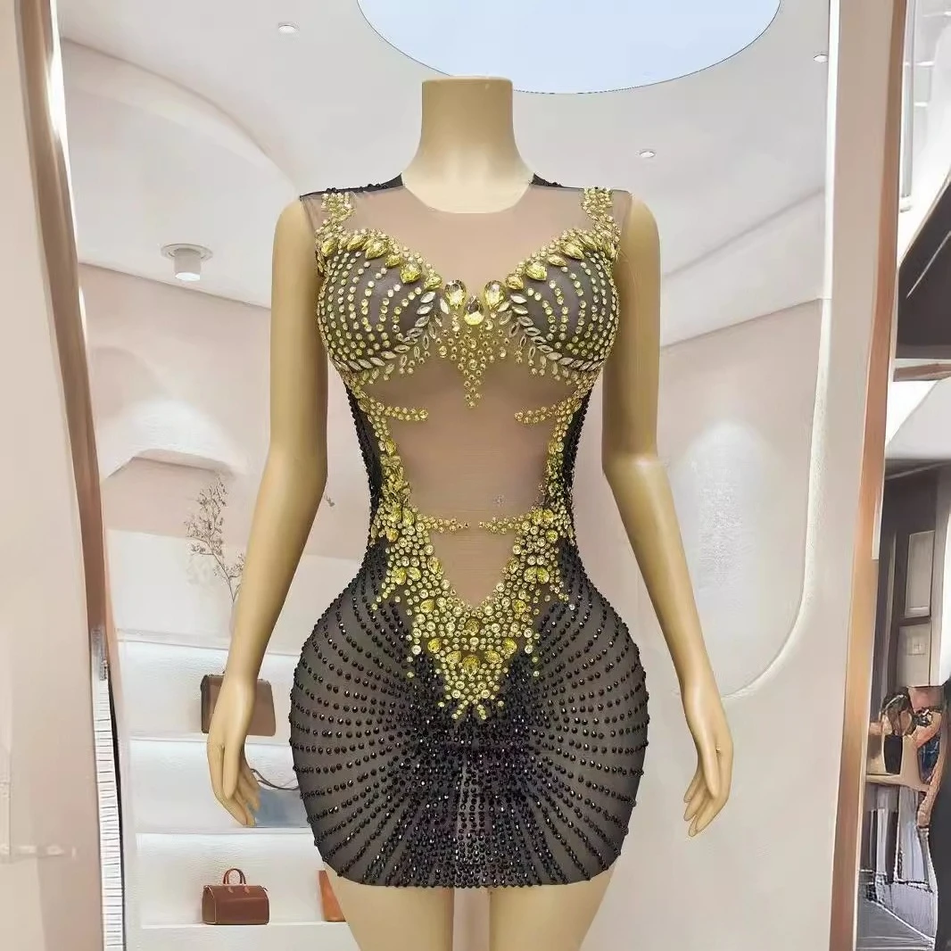 

Gold Sparkling Rhinestone Vest Short Skirt Slim Fit Dress Cocktail Party Red Carpet Dress Performance Red Gold Vestidos De Festa