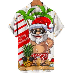 Camisas masculinas de Natal para Papai Noel, Tops havaianos de Harajuku, camiseta curta estampada, lapela, roupas de férias extragrandes, 2024