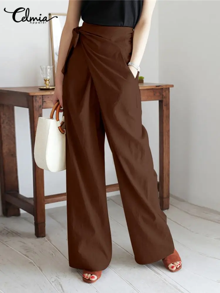 Celmia 2024 Summer Women Wide Leg Pant High Waist Casual Long Trousers Fashion Elegant Asymmetrical Cotton Linen Bandage Pants