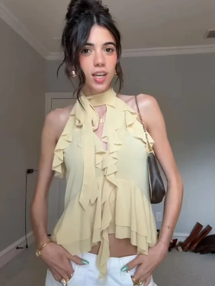 HH femmes élégant jaune à volants licou hauts épaules dénudées sans manches dos à lacets gilets hauts 2025 été décontracté vêtements de vacances