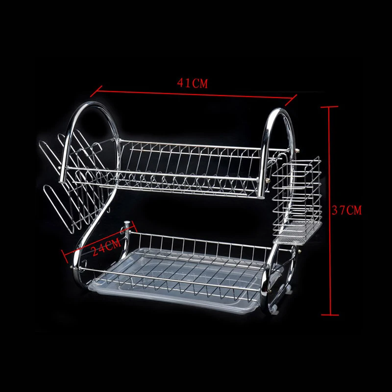 S-Shaped Dish Rack Set 2-Tier Chrome Stainless Plate Cutlery Cup Tableware Tray Drain Bowl Rack Kitchen Shelf Storage Basket