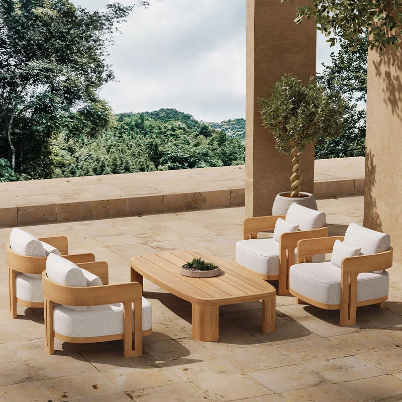 #Modern Nordic Teak Wood Outdoor Sofa Set Coffee Table Water Resistant Sunproof Eco-Friendly Quick-Dry Cushions Luxury Villas