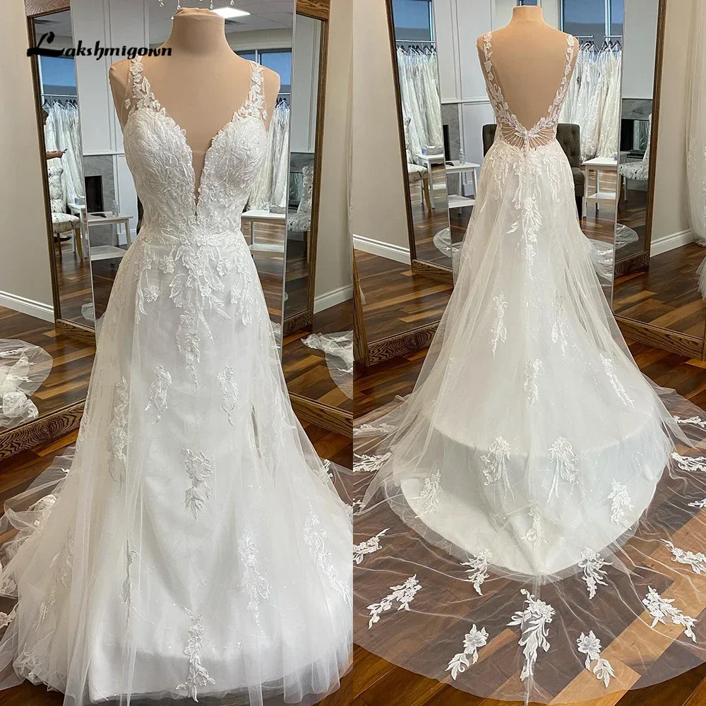 

Sexy Spaghetti Straps Lace Appliques A Line Wedding Dress 2025 Boho V Neck Backless Button Bride Gown Sweep Vestidos De NoviaCus