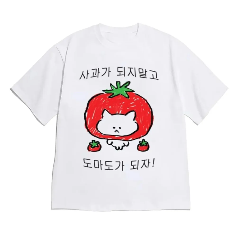 Cute Doodle Tomato Cat Korean Hangul Letter Print Tee Women Loose O-Neck Short Sleeve Kawaii Aesthetic Harajuku Basic Women Tee