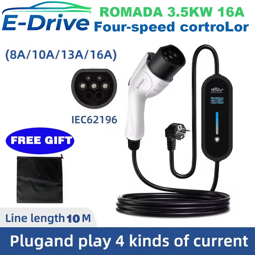 

ROMADA 3.5KW 16A EV Portable Charger 10M Cable Type2 IEC62196 EVSE Wallbox Adapter EU Plug For Electric Vehicle
