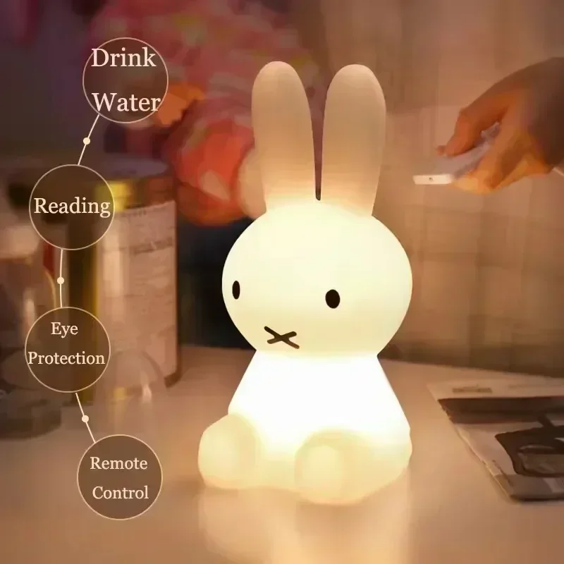 Miffy โคมไฟกลางคืน3D น่ารักโคมไฟหัวเตียงแบบชาร์จไฟได้, pelindung Mata กระต่ายน่ารักการ์ตูนการ์ตูนน่ารักโคมไฟห้องนอนเด็ก