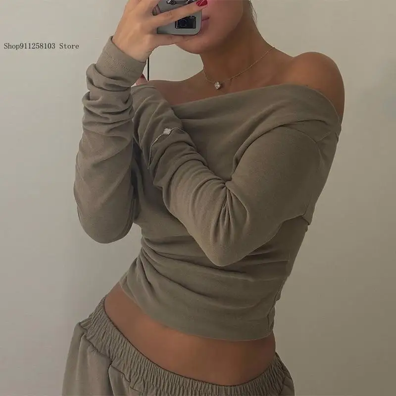 Summer Autumn Off Shoulder Pants Set Women's Temperament One Collar Long Sleeved Fit Wide Leg Pants Set