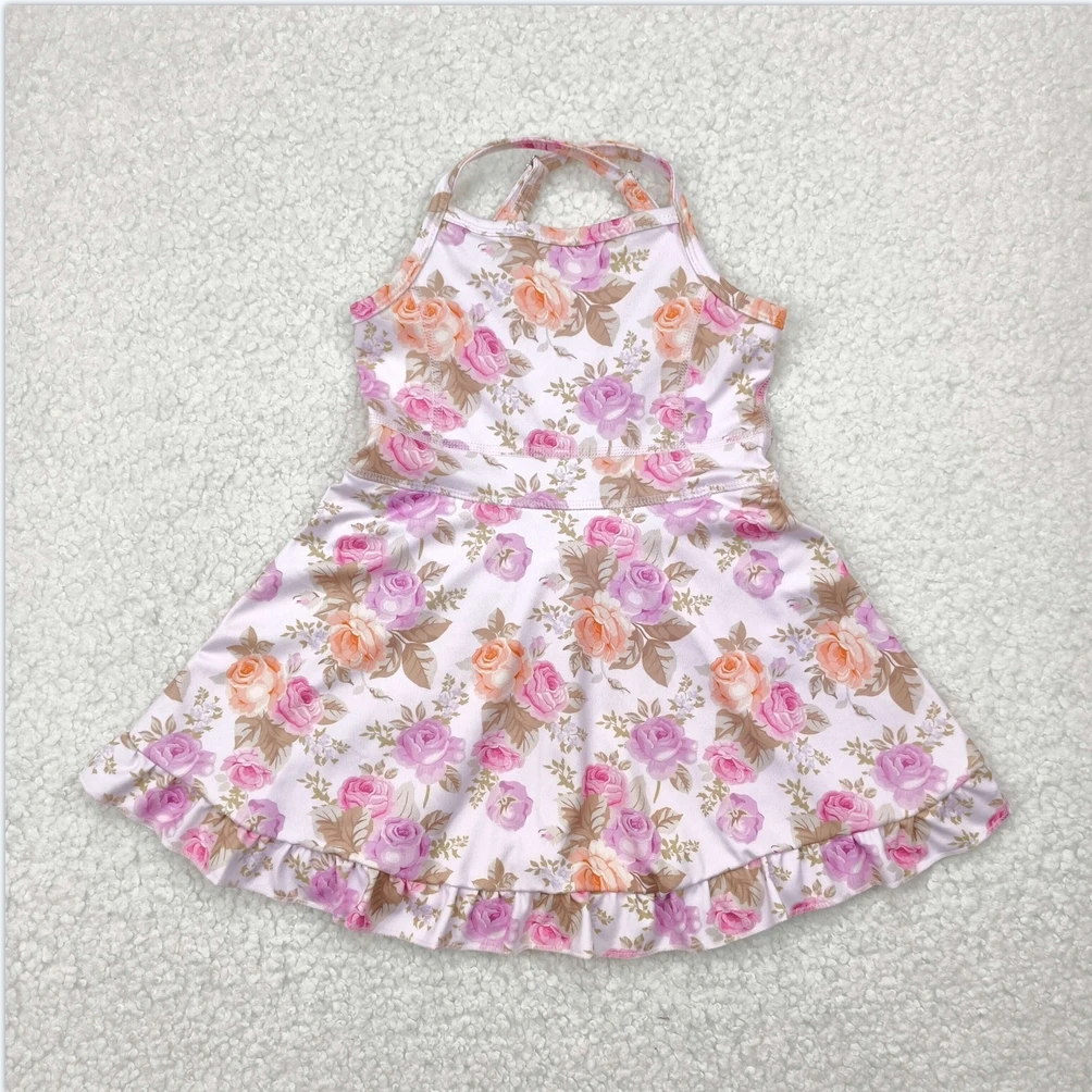 

Hot Sale Baby Girls Active Wear Baby Girls Strap Peach Yoga Ruffle Active Wear Skort Knee Length Girls Athletic Dress