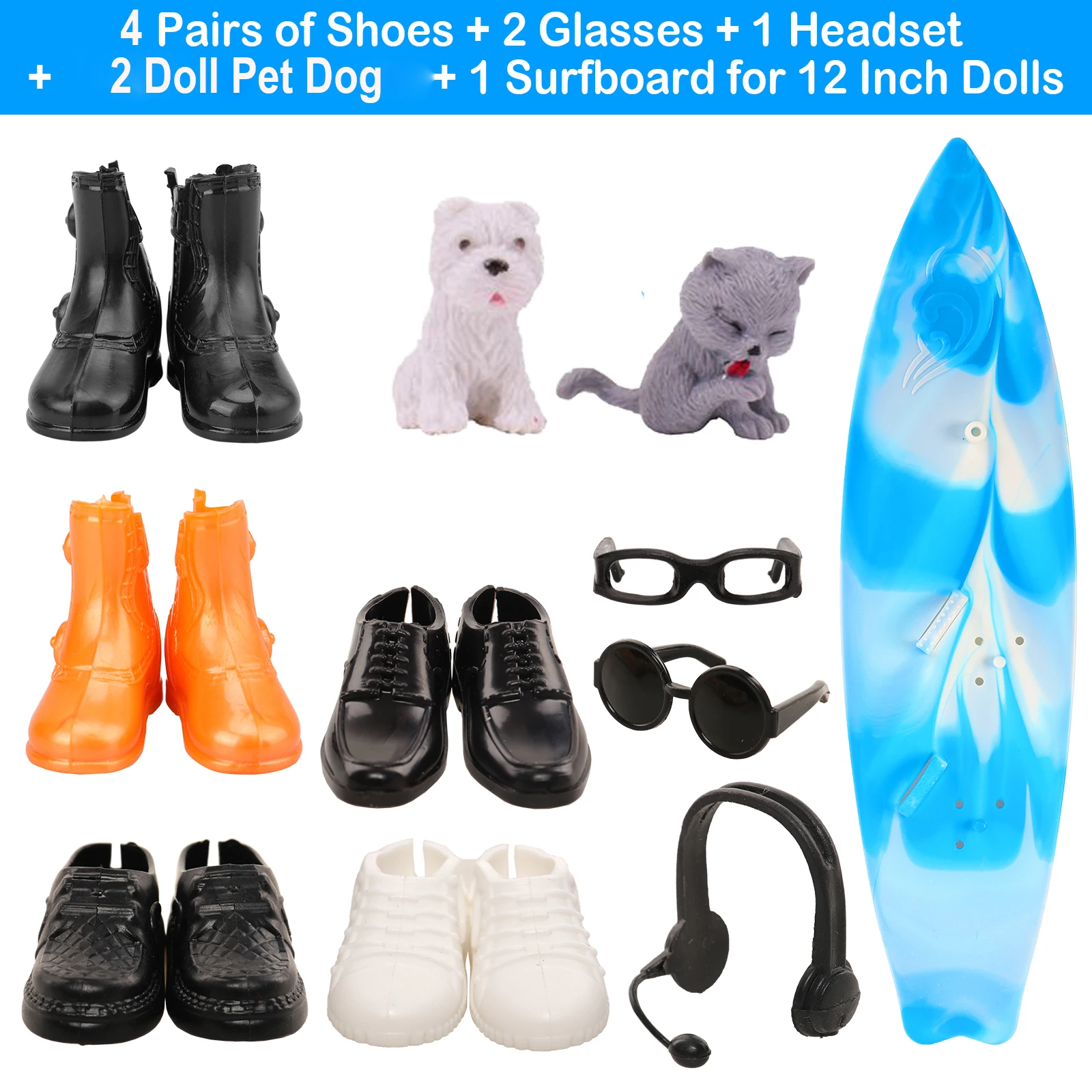 Acessórios Ken Doll, 1 Jaqueta, 4 Calções Top, 1 Calças de Praia, 4 Pares de Sapatos, 1 Óculos, 1 Óculos, 1 Headset, 2 Animais de Estimação