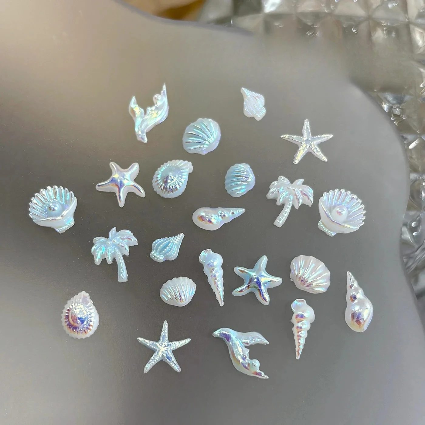 12 Grids Aurora AB White Blue Starfish Shell Conch Coconut Tree Pearl Nail Rhinestones Decorations Manicure Ocean Life Charms view 3