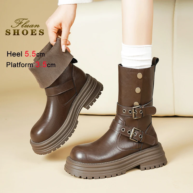

Belt Buckle Ankle Boots For Woman 5.5CM Thick Soled Booties Autumn Female Round Toe Brown Modern Boots Woman Casual Punk Shoes