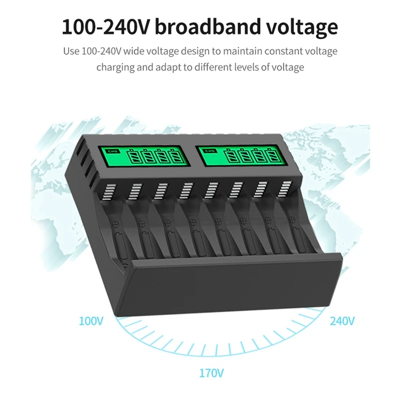 2X Battery Charger LCD Display Smart Intelligent 8-Slot Chargers For AA/AAA Nicd Nimh Rechargeable Batteries