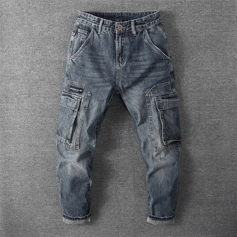 

American Sle Workwear Jeans Men's Loose Trendy Brand Multi-ket Straight Leg Long Trousers Casual Wear Spring Autumn