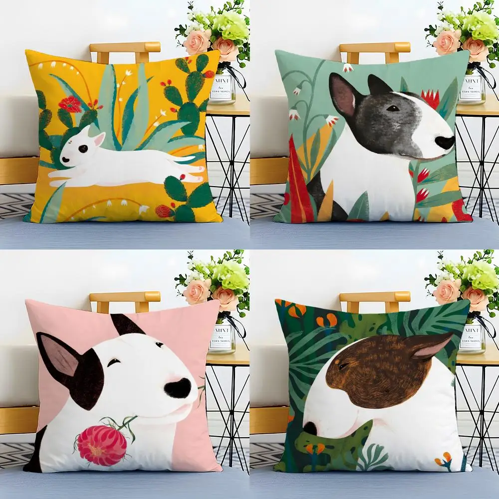 Cartoon Bull Terrier Series Cushion Cover Linen Pillowcase Soft  for Sofa Bed Home Room Decor