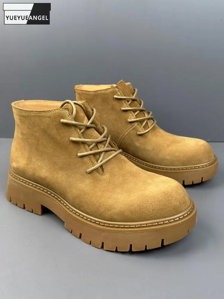 

British Style Designer Male Comfortable Handmade Cow Suede Leather Round Toe Lace Up High Top Boots Desert Boots Men Footwear