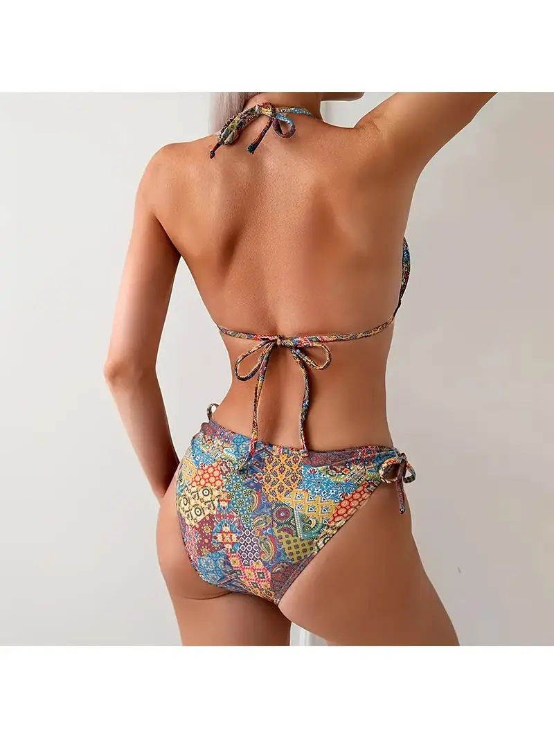 2026 New Printed Halter Tie Bikini Top Women's Swimming Swimsuit Polyester Quick Dry Removable Chest Pad  Bikini