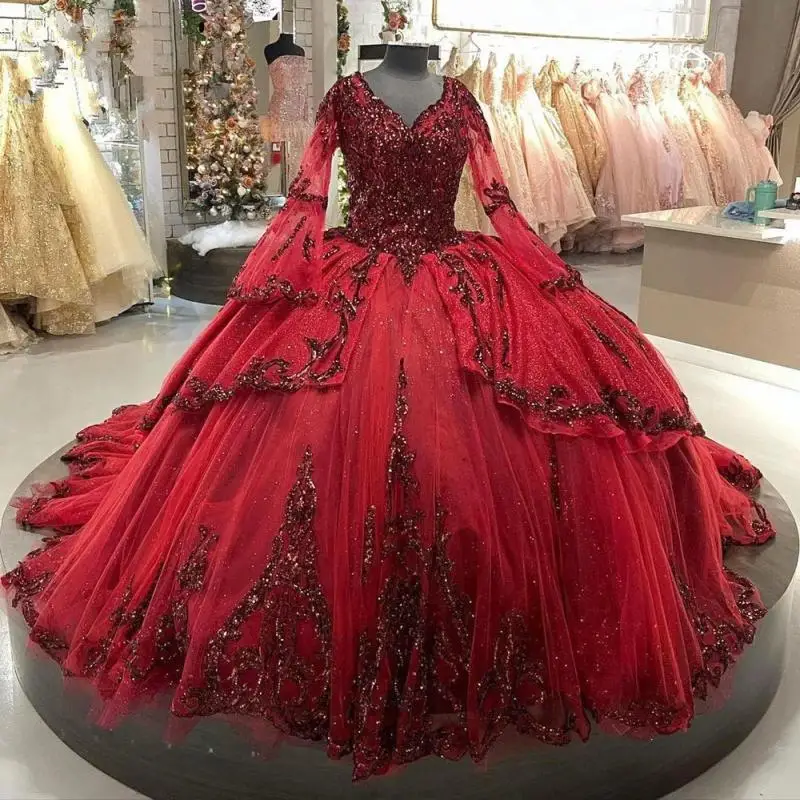 Customized Shiny Burgundy Long Sleeve Quinceanera Dresses Gillter Sequin Applique Princess Vestido De 15 Años Quinceanera