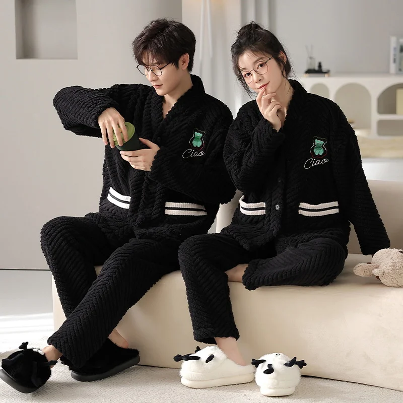 Warm V Neck Thicken Flannel Couple Winter Sleepwear Sleeping Loose Soft Korean Style Women Causal Cartoon Pajama Sets