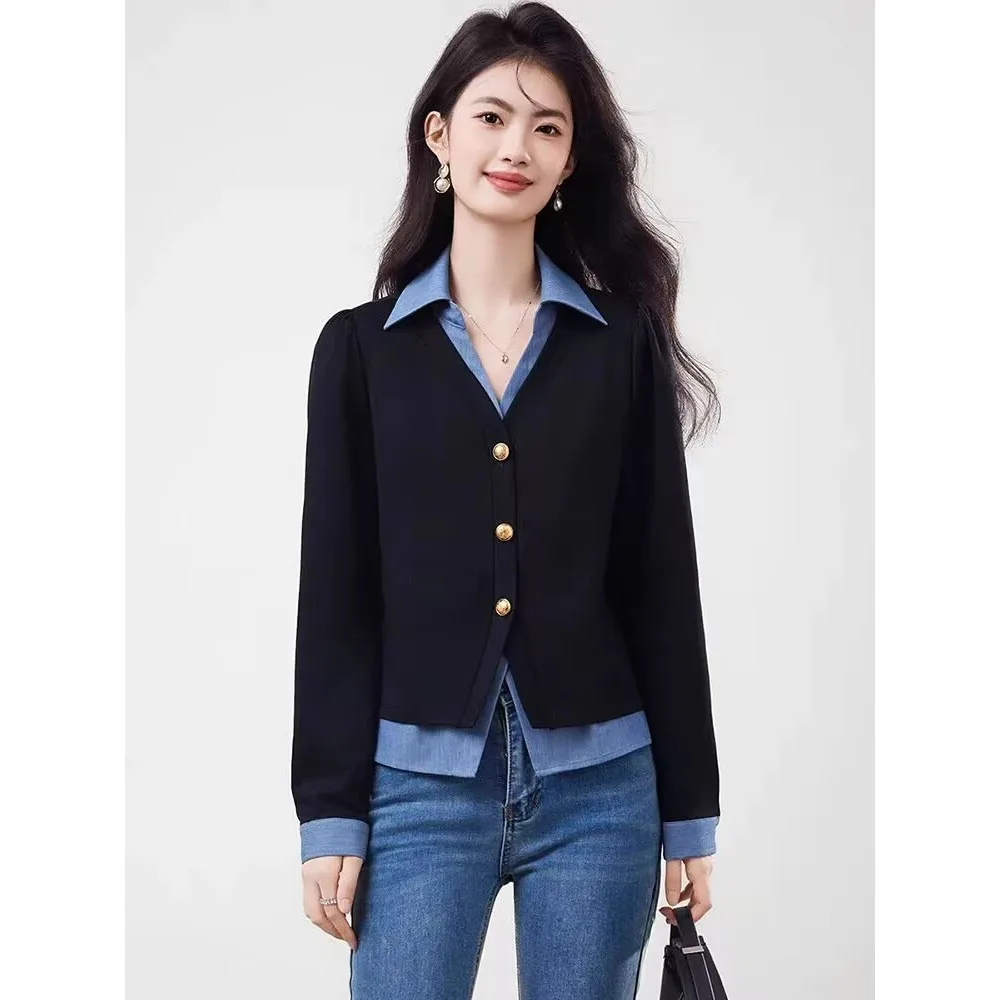 

Two-piece Spliced Shirt For Women 2025 New Long Sleeve High End Cardigan Blouse Fashion Slim Elegant Shirts Tops