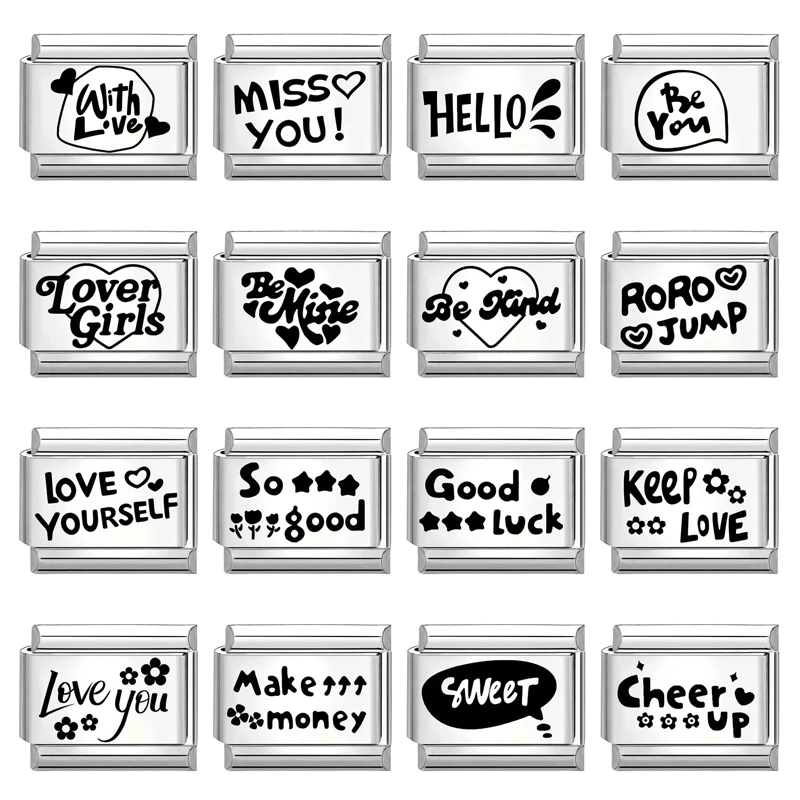 Лазерная гравировка Miss You Good Luck Love You Hello, итальянские подвески, подходят для браслета из нержавеющей стали 9 мм, женские подарки своими руками