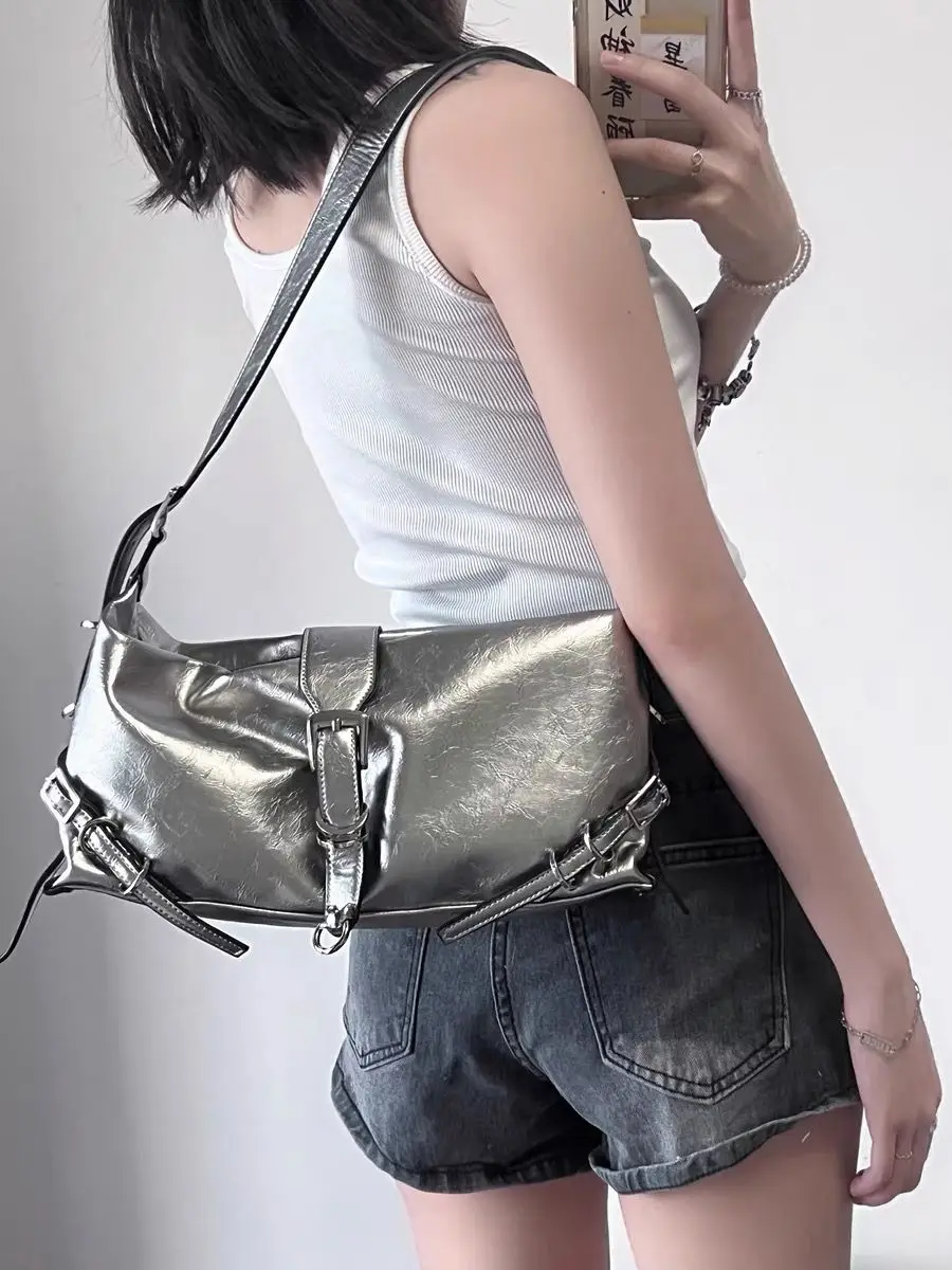 LEFTSIDE Silver Shoulder Bags for Women 2023 Y2K Small PU Leather Korean Fashion Female Belt Design Underarm Handbags and Purses