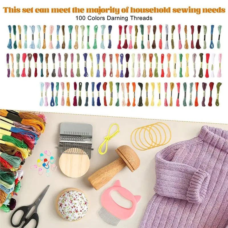 HLZS-Premium Knit Patch Mending Kit-100 Colors Embroidery Floss Included, 14-Hook Darning Looms, Darning Mushroom& Darning Egg