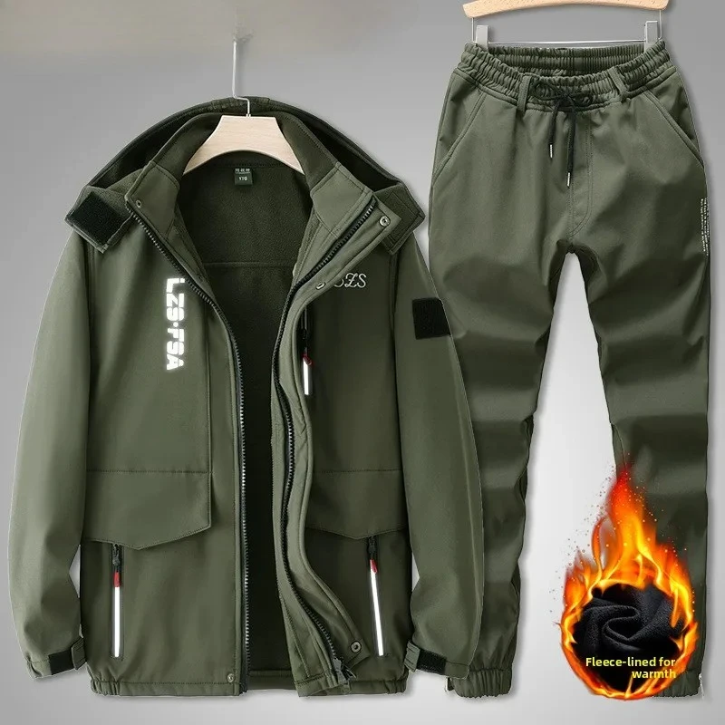 

Men's Fleece-lined and Thickened Outdoor Jacket Set for Autumn and Winter, Windproof, Cold-resistant, and Warm