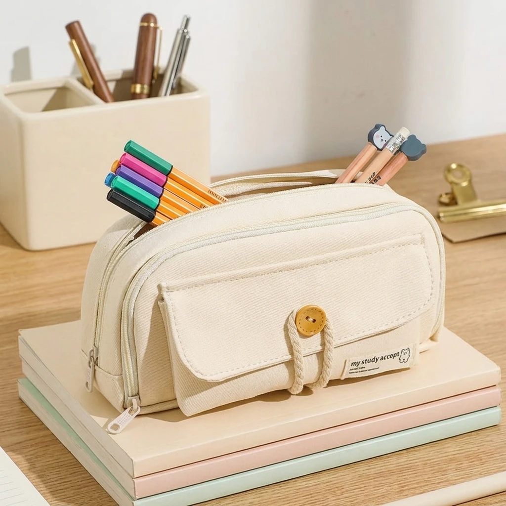 Student Multi Layer Pencil Case Large Capacity Organizer With Button Divider Durable Waterproof For School And Office Use