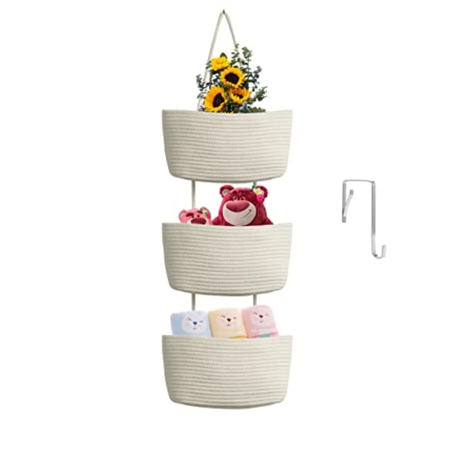 

Over the Door Hanging Basket, 3-Tier Woven Cotton Wall-Mounted Storage Organizer Bag Decorative Hanging Nursery Baskets
