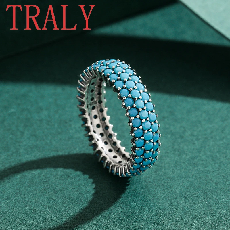 S925 Sterling Silver Set Three Rows Turquoise Women's Ring Exquisite Retro Style Exquisite Jewelry Jewelry