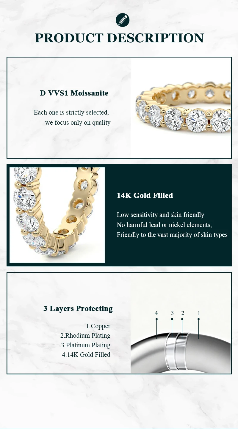 OXTAO Vollmoissanit-Ring, 4 mm, D VVS1, für Damen, funkelnder Ehering, Ewigkeitsring, Jubiläumsschmuck, Geschenke, 14 Karat Gold gefüllt – Detail 5