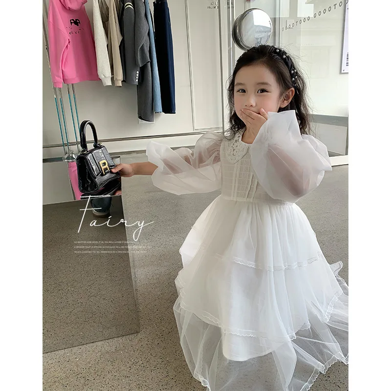 

Children Clothing 2023 New Girls Solid White Spring Sweet Princess Dress Korean Style Mesh Gauze Flower Girl Cute Dresses Kids