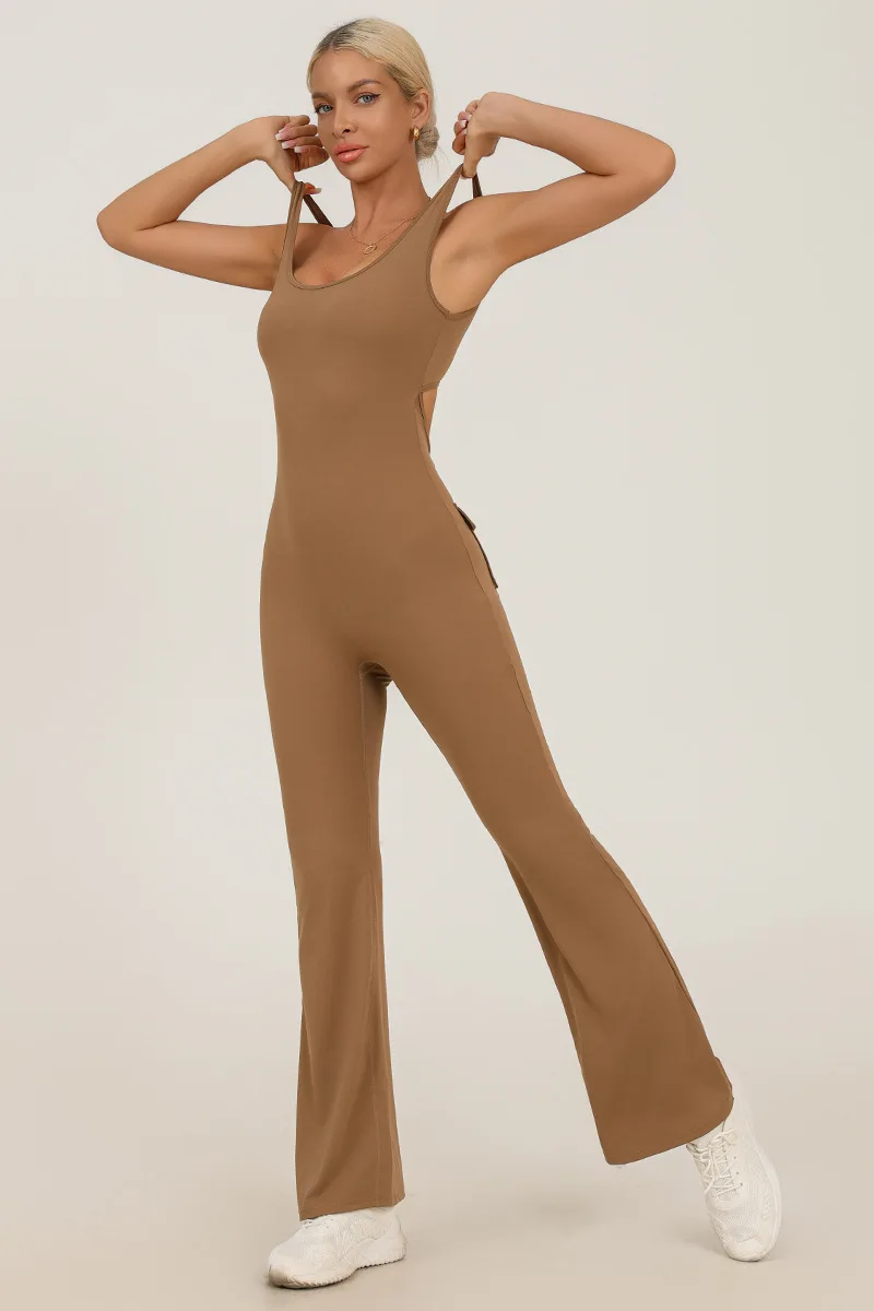 Tute da yoga senza cuciture con tasche Sport Fitness Backless Skinny svasato Abbigliamento da allenamento in un unico pezzo Body da palestra per donna