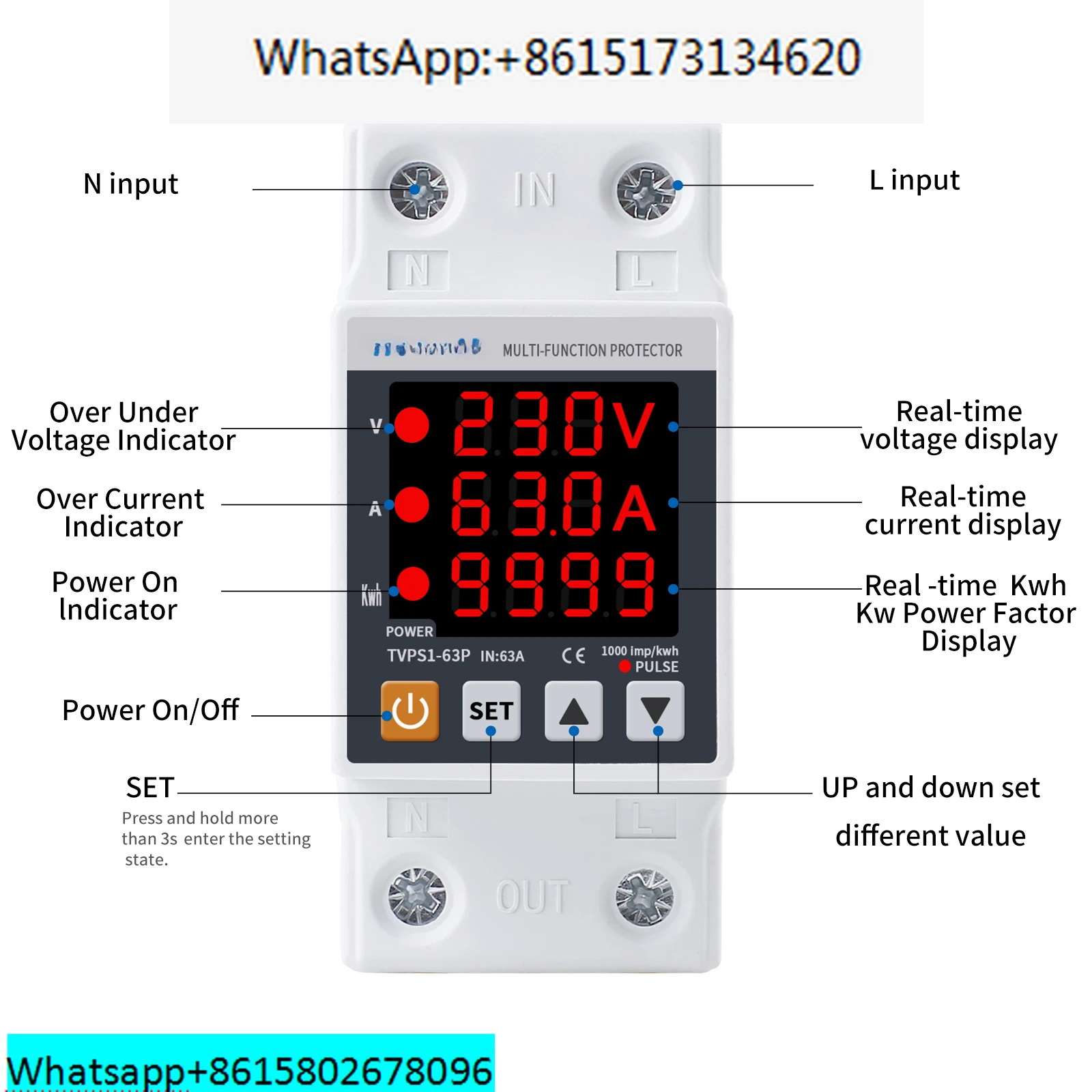 63A 230V 3IN1 Display Din rail adjustable over under voltage surge protector relay  over current protect   Kwh Power watt Meter