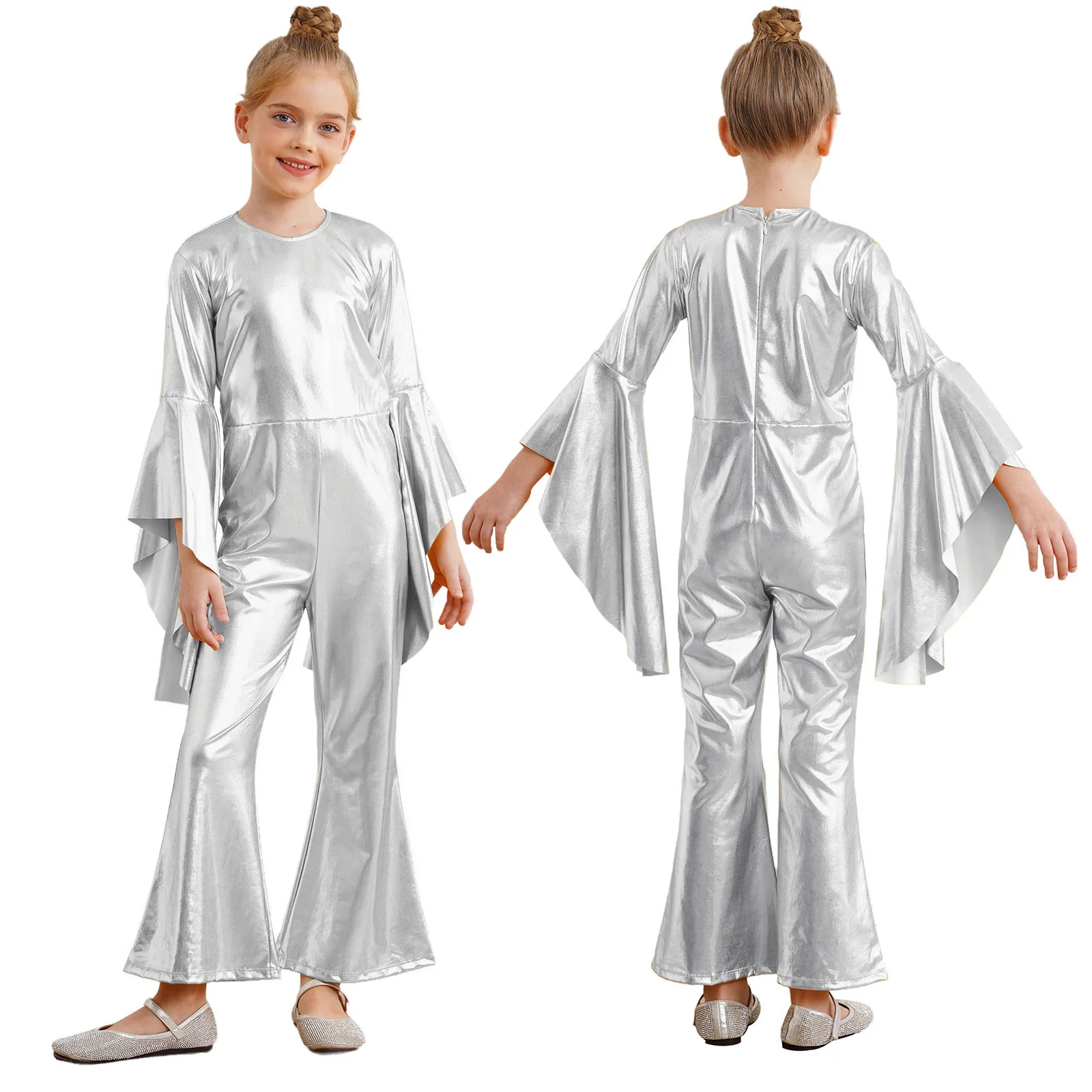 

Children Girls Vintage 70S Disco Jazz Dance Jumpsuit Flare Sleeve Metallic Bell-bottom Hippie Bodysuit for Halloween Theme Party