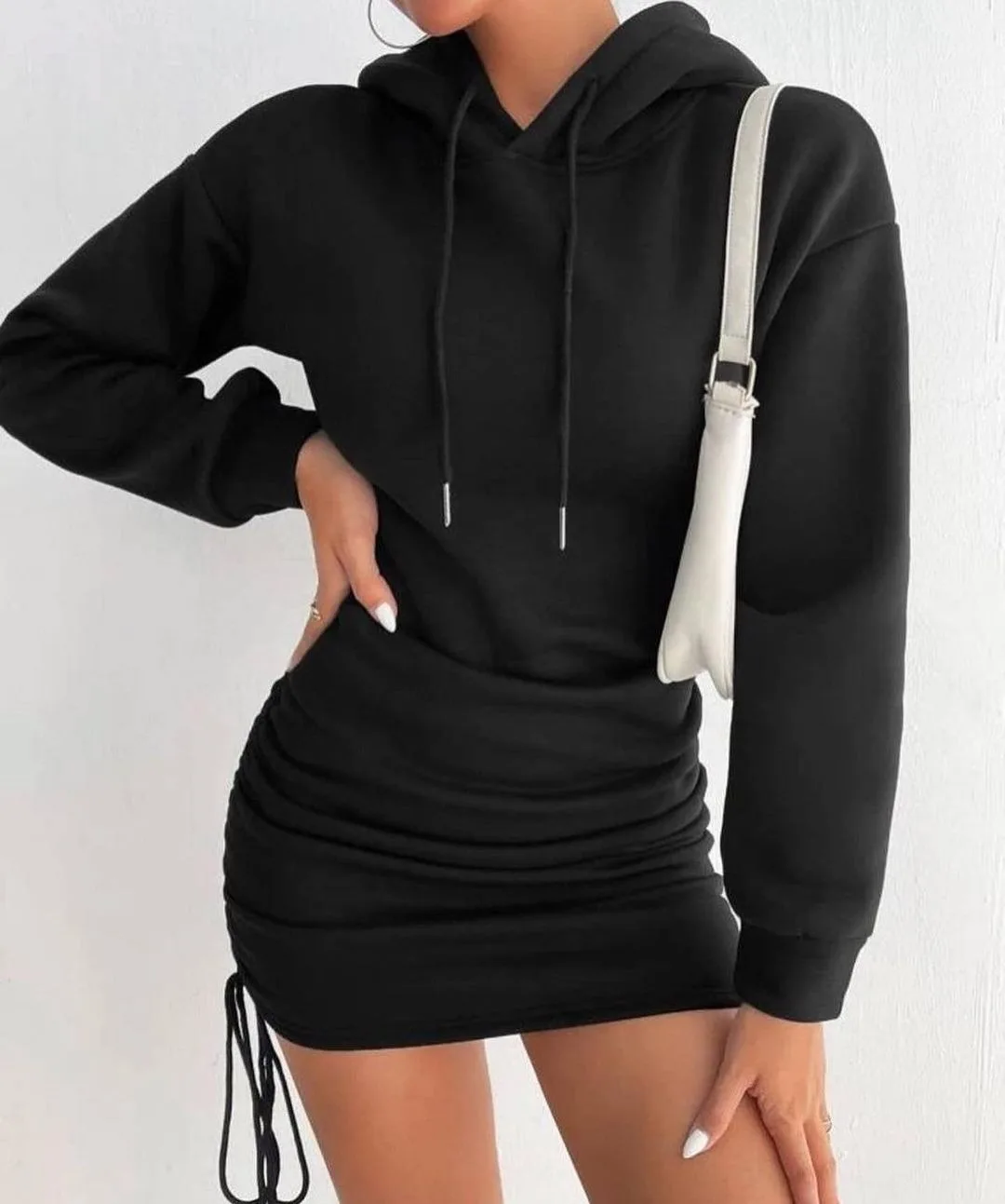 New Street Style Drawstring Design Hooded Hip Dress Women\'s Long Sleeve Sweatshirt Dresses