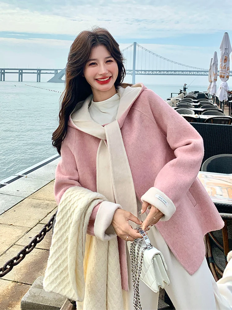 

Двустороннее шерстяное пальто с кроличьими ушками для женщин, розовое, осенне-зимнее, новая корейская версия, утепленное, с длинными рукавами, для повседневной носки