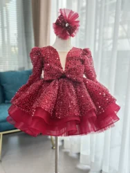 Gorgeous Girls New Year V -neck Swip Long Sleeve Lace Type Princess Skirt Elegant Girl Birthday Party Dance Evening Dress